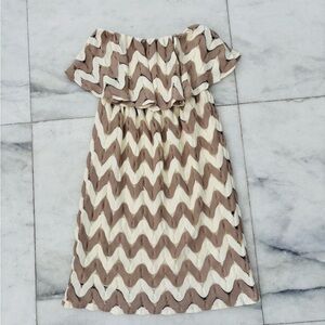 Judith March Dress Strapless Chevron Knit Tan Women L Boho 70s Resort Beachy USA